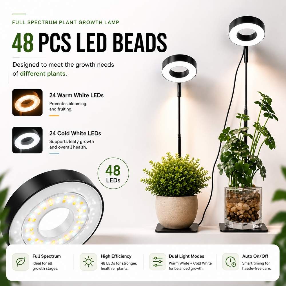 Full Spectrum LED Grow Light : Adjustable Height Stand & 3/9/12H Timer